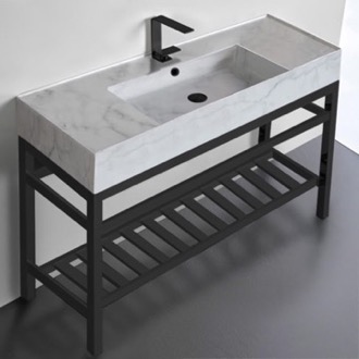 Console Bathroom Sink Modern Marble Design Ceramic Console Sink and Matte Black Base, 48